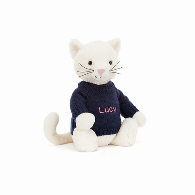 Jellycat Bashful Cream Kitten with Navy Jumper New Zealand | NKOAV1382